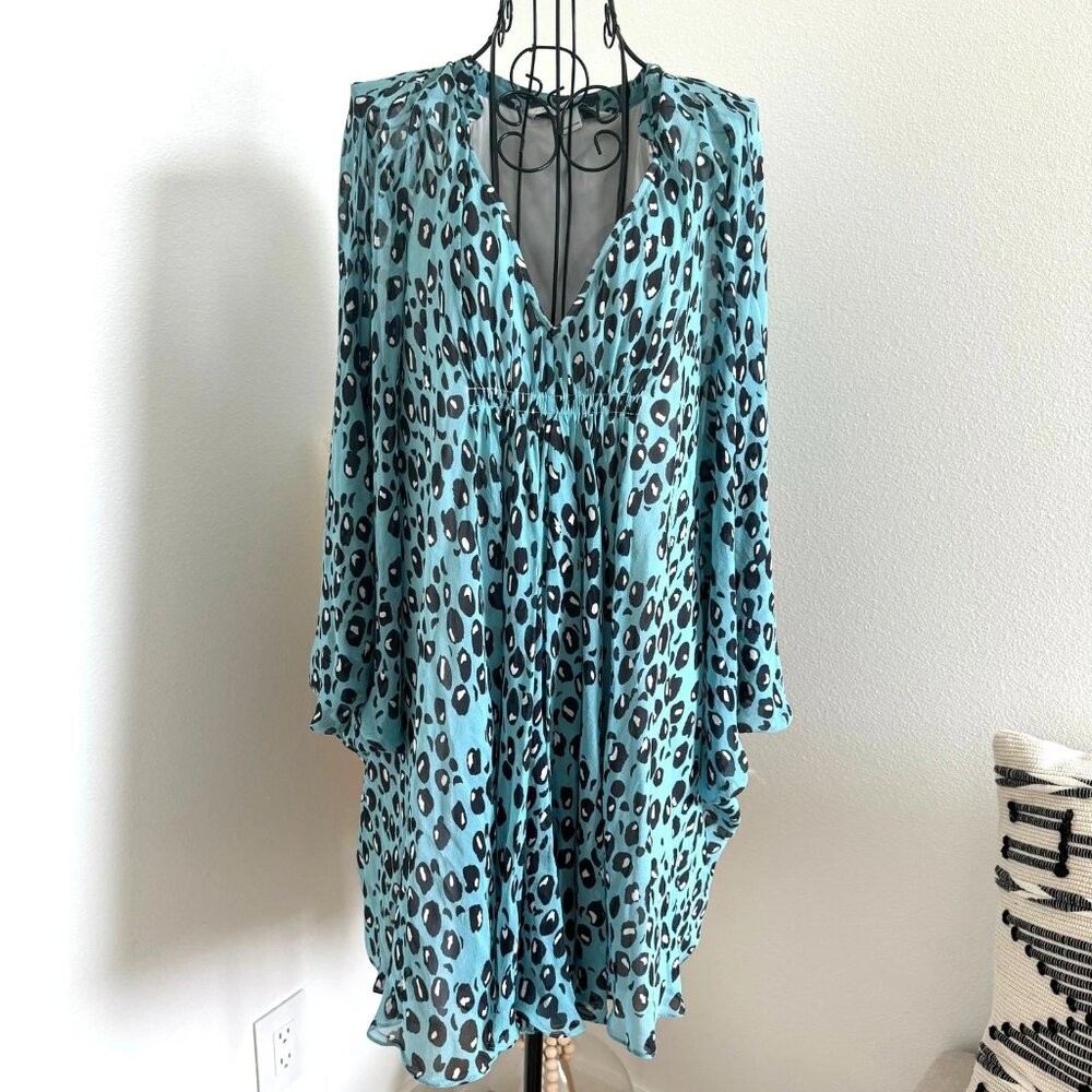 Diane von Furstenberg DVF Silk Fleurette Teal Animal Print Chiffon Kaftan Dress
